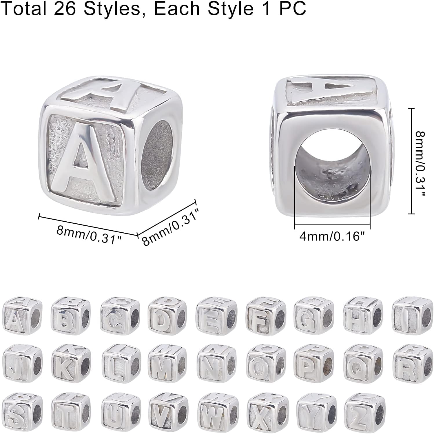26pcs 8mm Cube Bead with Letter A-Z Spacer Beads Stainless Steel European Beads 4mm Large Hole Metal Stopper Beads for Jewelry Making Colorful