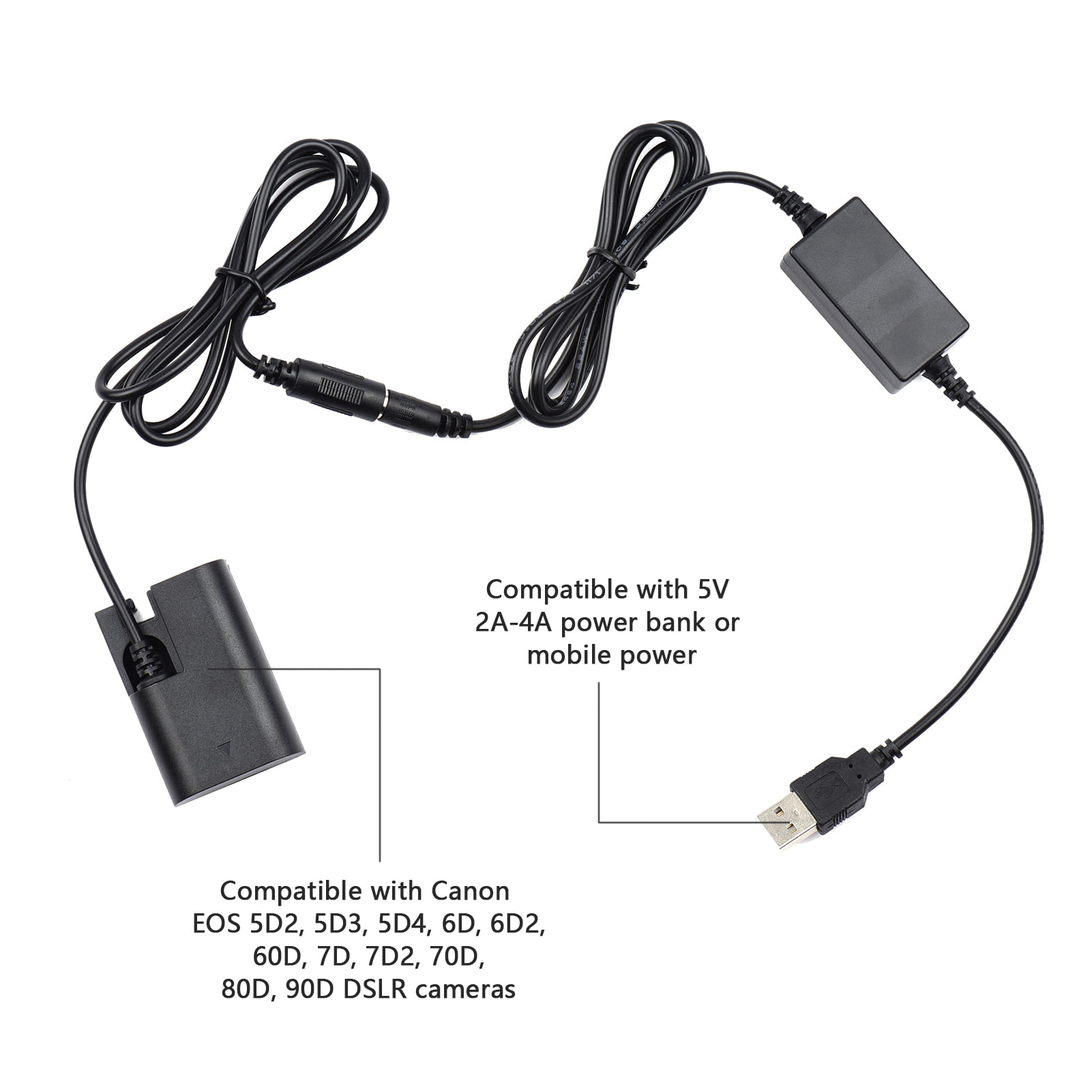 Andoer DR E6 Adaptador de corriente alterna USB de repuesto para acoplador de batería ciega con entrada USB compatible con cámaras Canon EOS 5D2 5D3 5D4 6D 6D2 60D 7D 7D2 70D 80D 90D DSLR