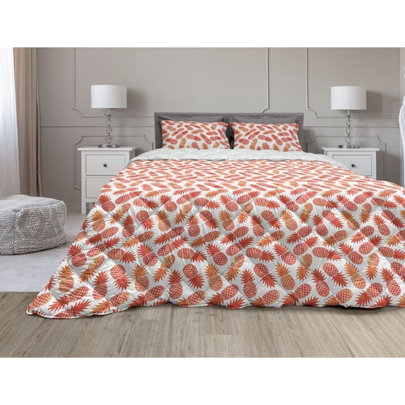 Orange Comforter & Sham Bedding Set, Vintage Pattern of Tropical Exotic Climate Fruits Pineapples Hawaii Summer Design, 3 pcs Duvet Set Microfiber Filling Quilt, 5 Sizes, Orange White, by Ambesonne
