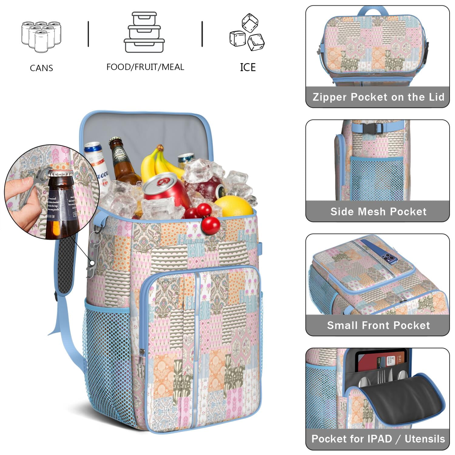 Travel Cooler Bag - Pioneer Flower Camping Beer Cooler Backpack with Bottle Opener- Waterproof Insulated Picnic Backpacks - Cooler Bag for Beach