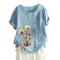 thumbnail image 3 of Women's Summer Comfort Linen Round Neck Short Sleeve With Button Flower Print T Shirt Top Womens T Shirt Tee for Women Short Sleeve Loose Fit Top Women Women T Shirts Loose Casual Shirts for Women, 3 of 3