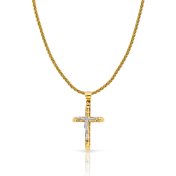14K Two Tone Gold Jesus Crucifix Cross Charm Pendant with 1.4mm Round Wheat Chain Necklace - 18"