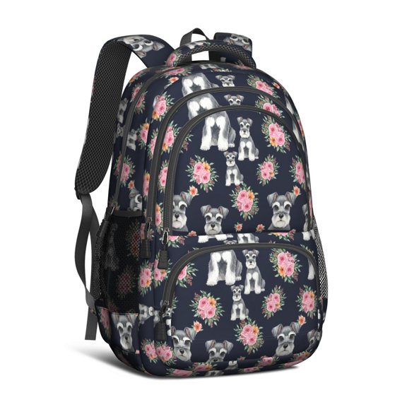 Schnauzer and Floral Black Pattern Cute School Backpack Bag with Padded Back and Adjustable Shoulder Straps 16.9 X 12.6 X 5.9 Inches