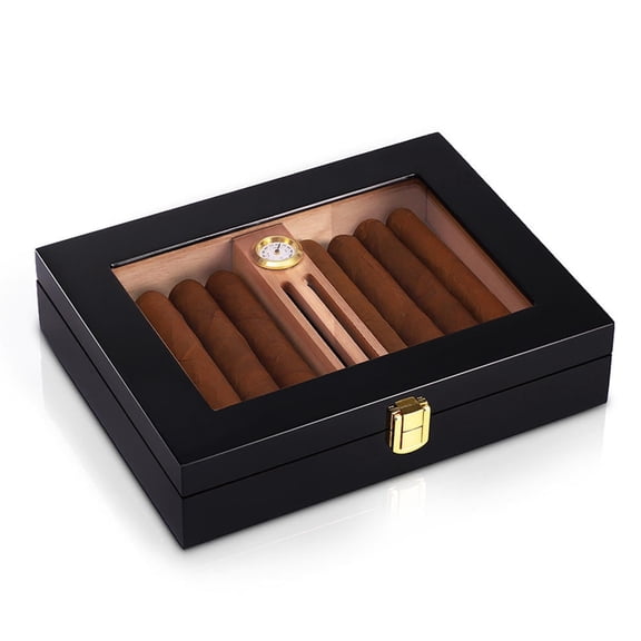 Xirurus Travel Humidor with Hygrometer, Glass Top Cedar Wood Storage Box Holds 10-18, Portable Case for Cigars