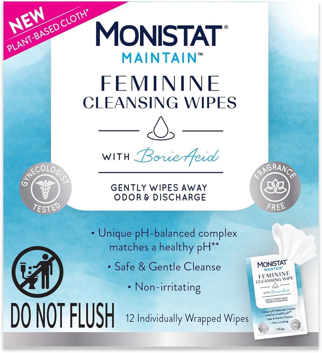 Monistat Maintain Feminine Hygiene Set, 1 Cleanser, 16 fl oz, 1 Wipes, 12 per Box, 2 CT (Variety Pack)