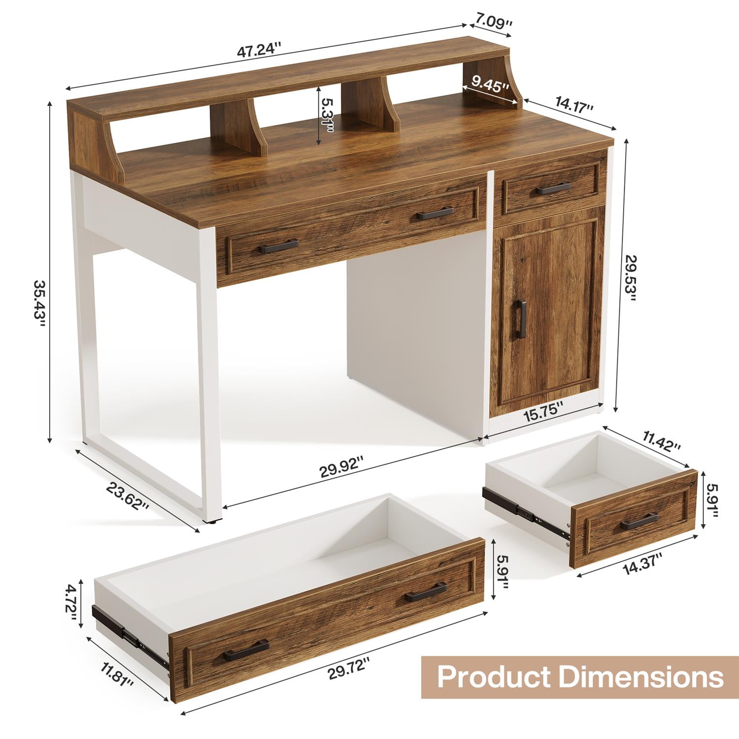 Demi Bonn 47" Executive Desk with Matching Hutch, Home Wooden Office Desk Furniture, Space-Saving Workstation, Brown
