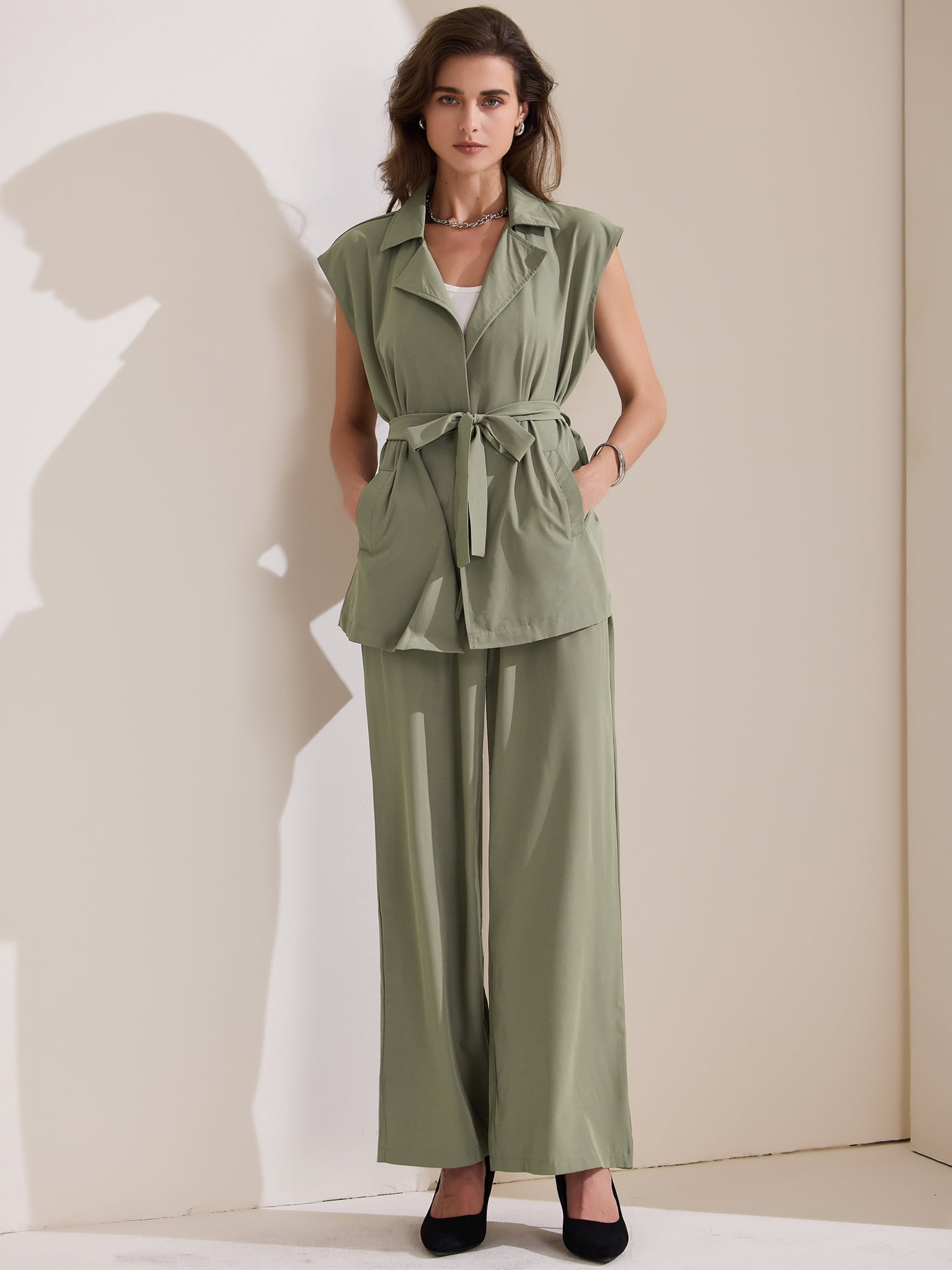 DARING DIVA Women's 2 Pcs Sleeveless Vest Wide Leg Pants L Army Green