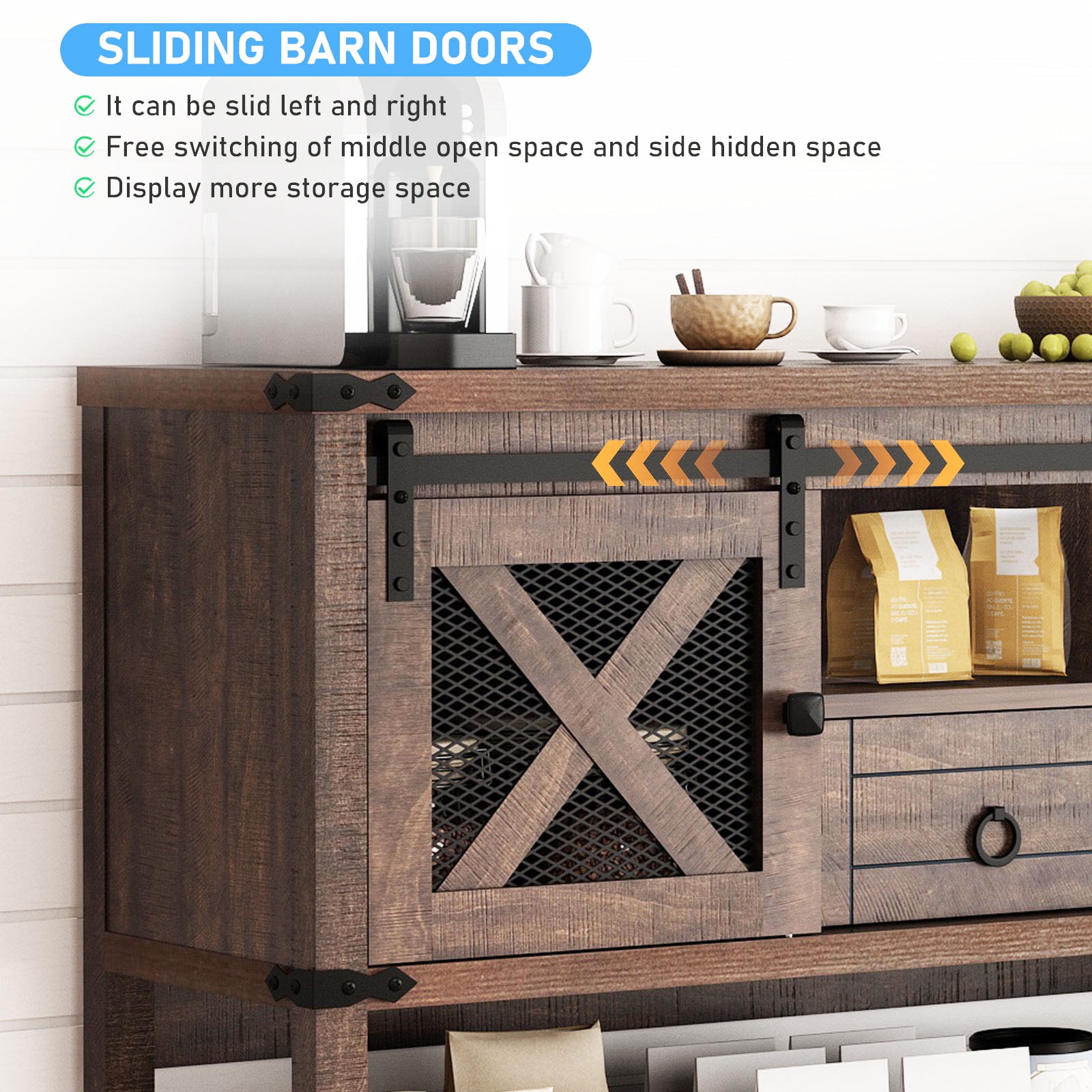 ANPOO Rustic Sofa Table, Large Console Table Entryway Table with 2 Barn Door Cabinets & 1 Drawer for Living Room