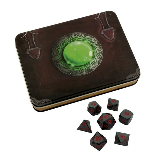 Wizards Grimoire with Smoke and Fire | Shiny Black Nickel with Red Numbers Metal Dice -