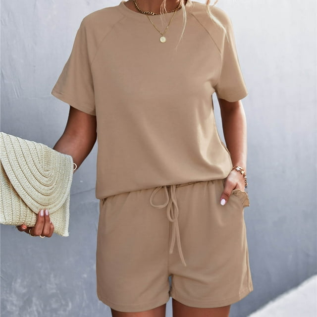 jovatis Ensemble de Survêtement pour Femmes 2 Pcs Ensemble de Printemps et d'Été pour Femmes Uni Col Rond à Volants Manches Courtes Short Tenue Décontractée