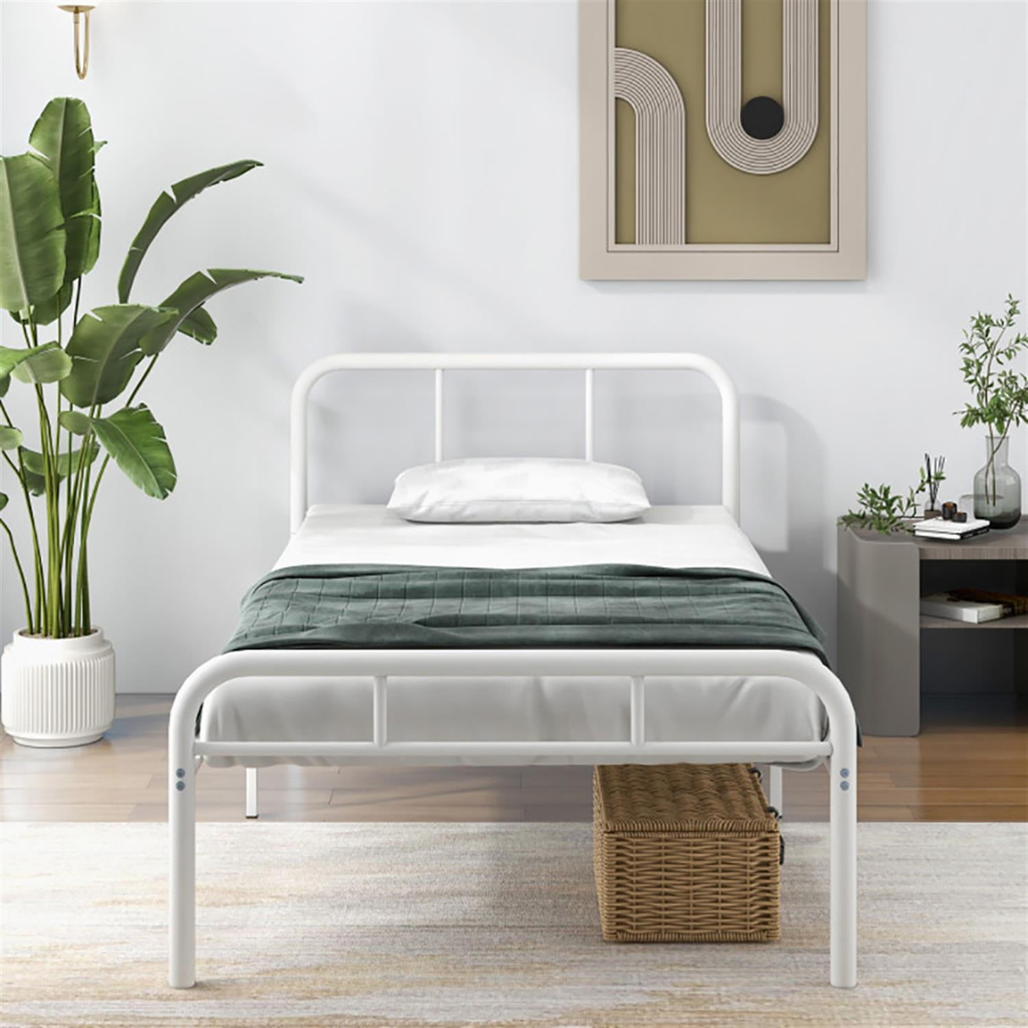 Demi Bonn Modern Metal Bed Frame Platform Mattress with Headboard and Footboard, Under Bed Storage, No Box Spring Needed, White