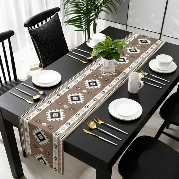 Brown Boho Cotton Linen Table Runner 18 x 72 inch Farmhouse Aztec Southwest Ethnic Geometric Non-slip Rectangular Dining Table Decor for Wedding Party Holiday Dinner