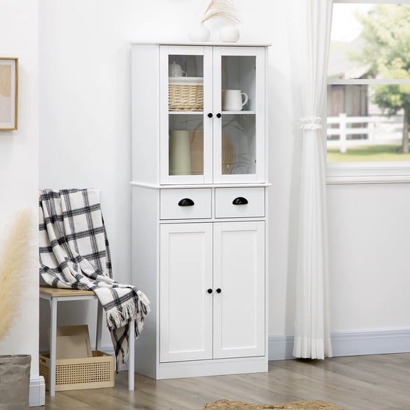 HOMCOM 61" Freestanding Kitchen Pantry, Storage Cabinet with Soft Close Doors, Adjustable Shelves, and 2 Drawers, White