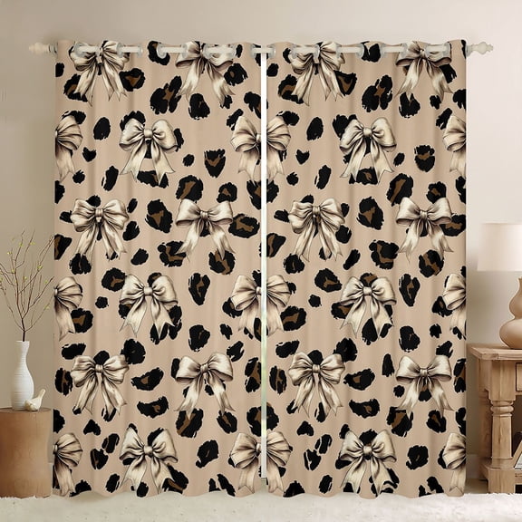 Manfei Cartoon Cute Bow Blackout Curtains,Brown Leopard Print Window Curtains Pack of 2 (38x45 Each)