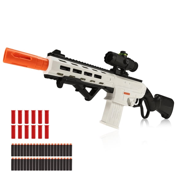 BIU BLASTER Lever Action Foam Dart Blaster, White/Orange, Manual Foam Dart Blaster with Aim Accessory, Dart Holder, 12 Dart Sleeves and 40 Soft Foam Darts, Ages 14 