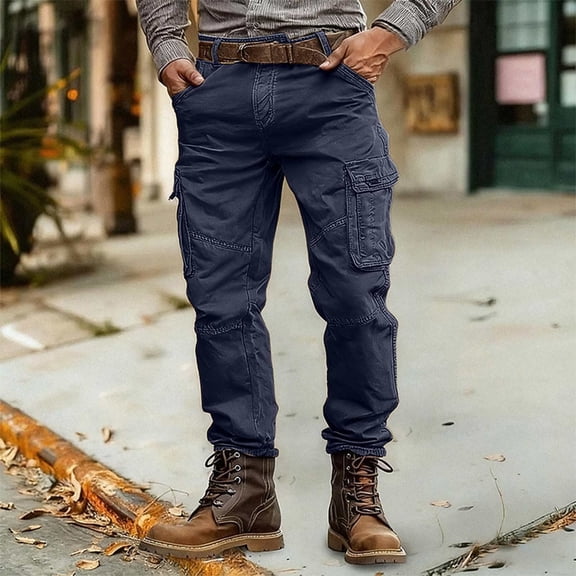DJDLJWCJ Cargo Pants for Men Straight Leg Loose Pants Zipper Multi-Pocket Outdoor Work All Season Bottom Open Pants Navy 36