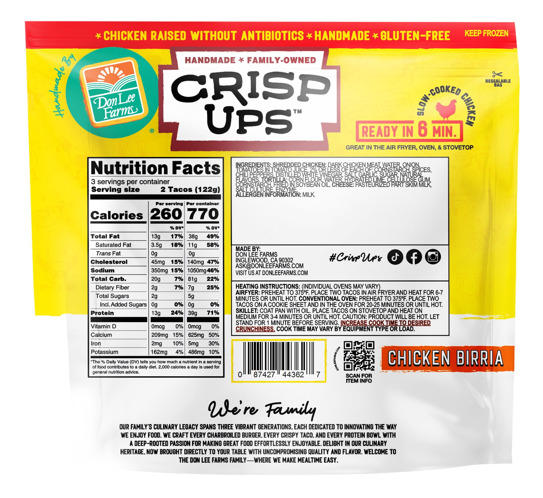 Don Lee Farms CrispUps Chicken Birria Crispy Tacos, 12.96 oz, 6 Full-Sized Tacos, Frozen