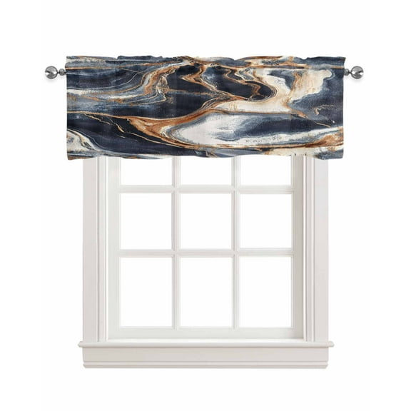 Navy Blue Marble Kitchen Valances for Windows Farmhouse Linen Window Valance Curtain for Living Room Window Treatment Nature Stone Abstract Valance Rod Pocket Topper Drape, 54 x 18 Inch
