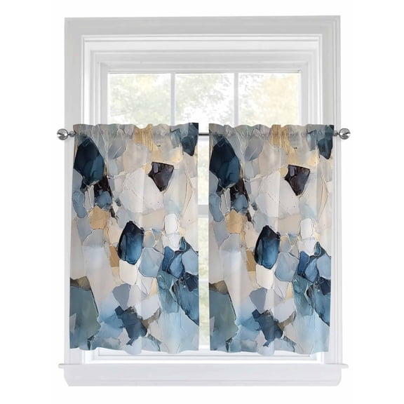 Kitchen Curtains 45 Inches length, Blue Geometric Window Treatment Curtain Drapes, Modern Abstract Oil Painted Lightweight Window Panels for Living Room Bedroom, 52"x45", 2 Panels