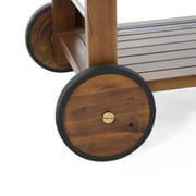 Rayan Outdoor Dark Oak Acacia Wood Bar Cart with Shiny Powder Coated Aluminum Accents