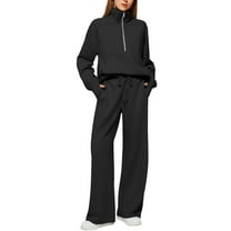 BYHONG Womens Sets 2 Piece Outfits Fall Matching Half Zip Sweatshirt Wide Leg Sweatpants Casual Suit Black L