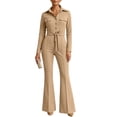 thumbnail image 2 of BRGZLK Women Dressy Jumpsuit 2026 Trendy Solid Color Long Sleeve Collared Flare Leg Romper Casual Business Work Jumpsuits Night Out Outfit Overalls Khaki L, 2 of 6