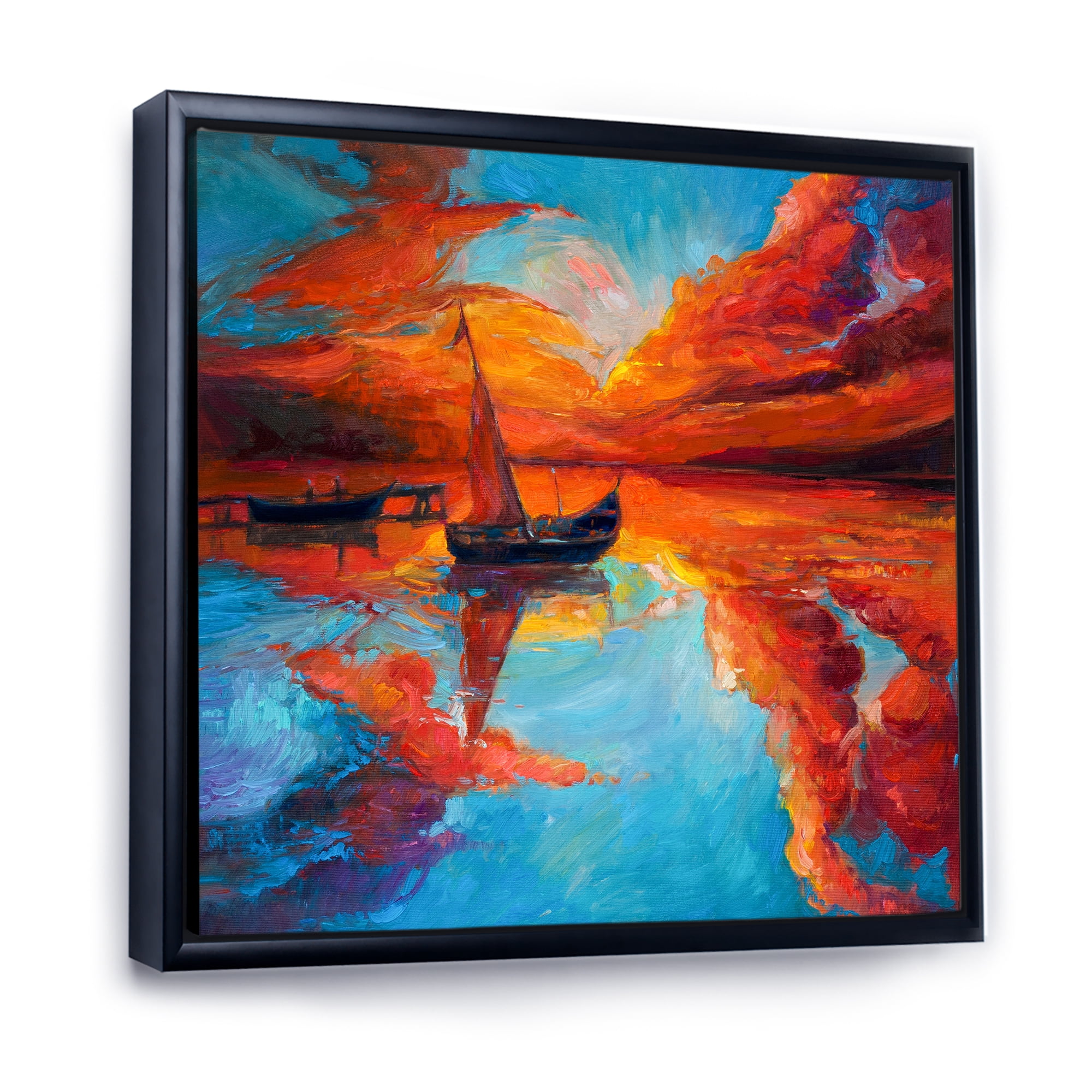 Designart 'Little Boat During Warm Deep Red Evening Glow' Nautical & Coastal Framed Canvas Wall Art Print