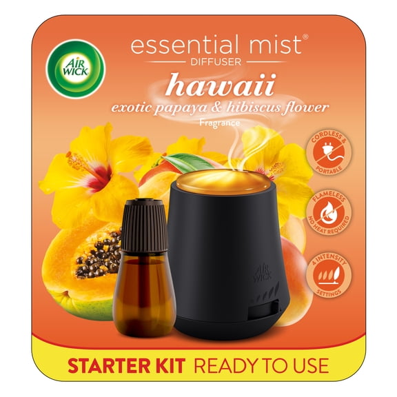 Air Wick Essential Mist Cordless Oil Diffuser Kit, Air Freshener, Hawaii Exotic Papaya & Hibiscus Flower, 1 Diffuser   1 Refill