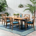 thumbnail image 4 of GDF Studio Safire Outdoor Acacia Wood 7 Piece Dining Set with Cushion, Teak, Rustic Metal, and Blue, 4 of 13