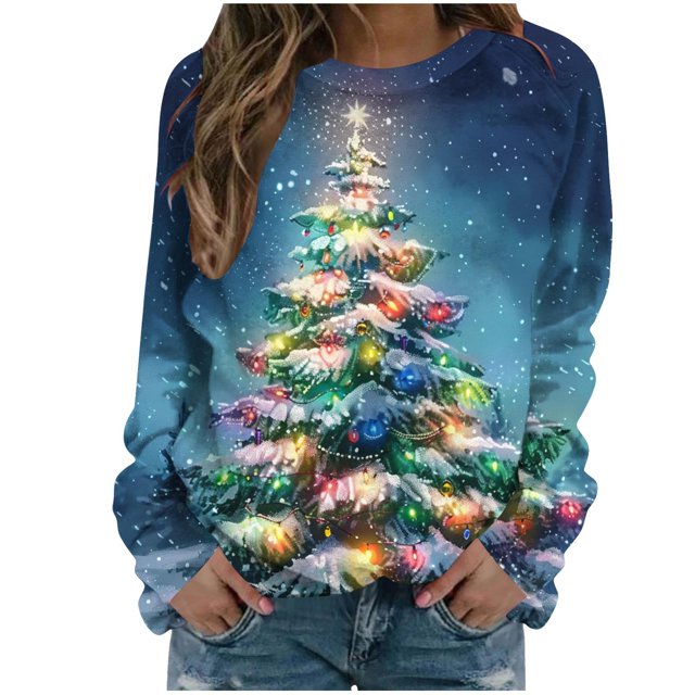 Rbaofujie Chandails Légers pour Femmes Mode Décontractée Imprimé de Noël Col Rond Manches Longues Amples Blouse Verte Graphique Chandails à Capuchon pour Femmes