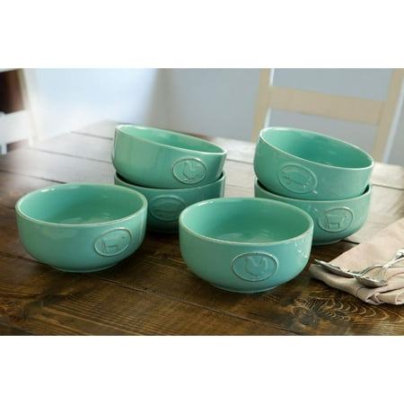 Farmhouse Stoneware Bowls with Antique Finish Turquoise 6 Pack