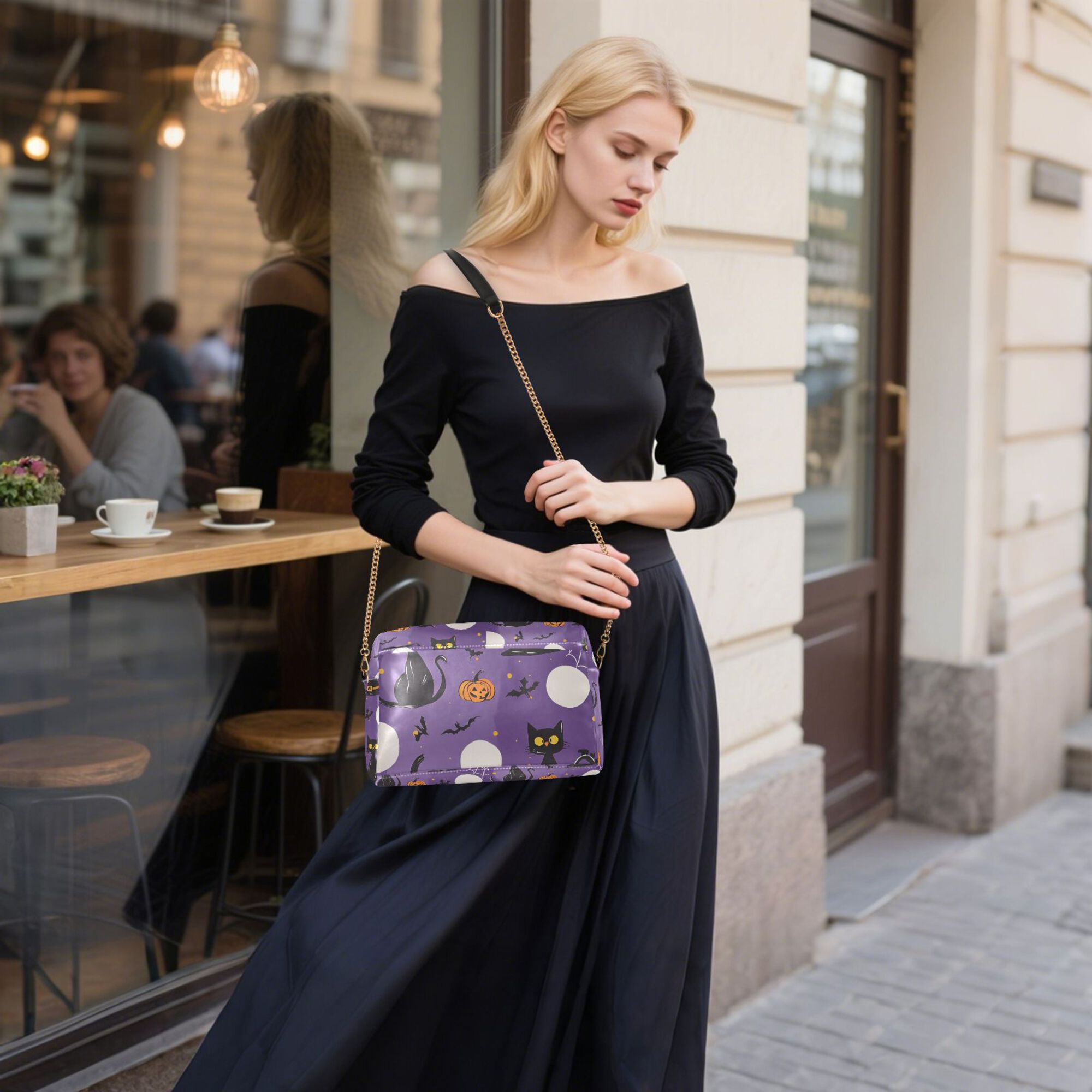 FORMRS Women Crossbody Purse with Chain Strap Vegan Leather Shoulder Handbag, Halloween Black Cat