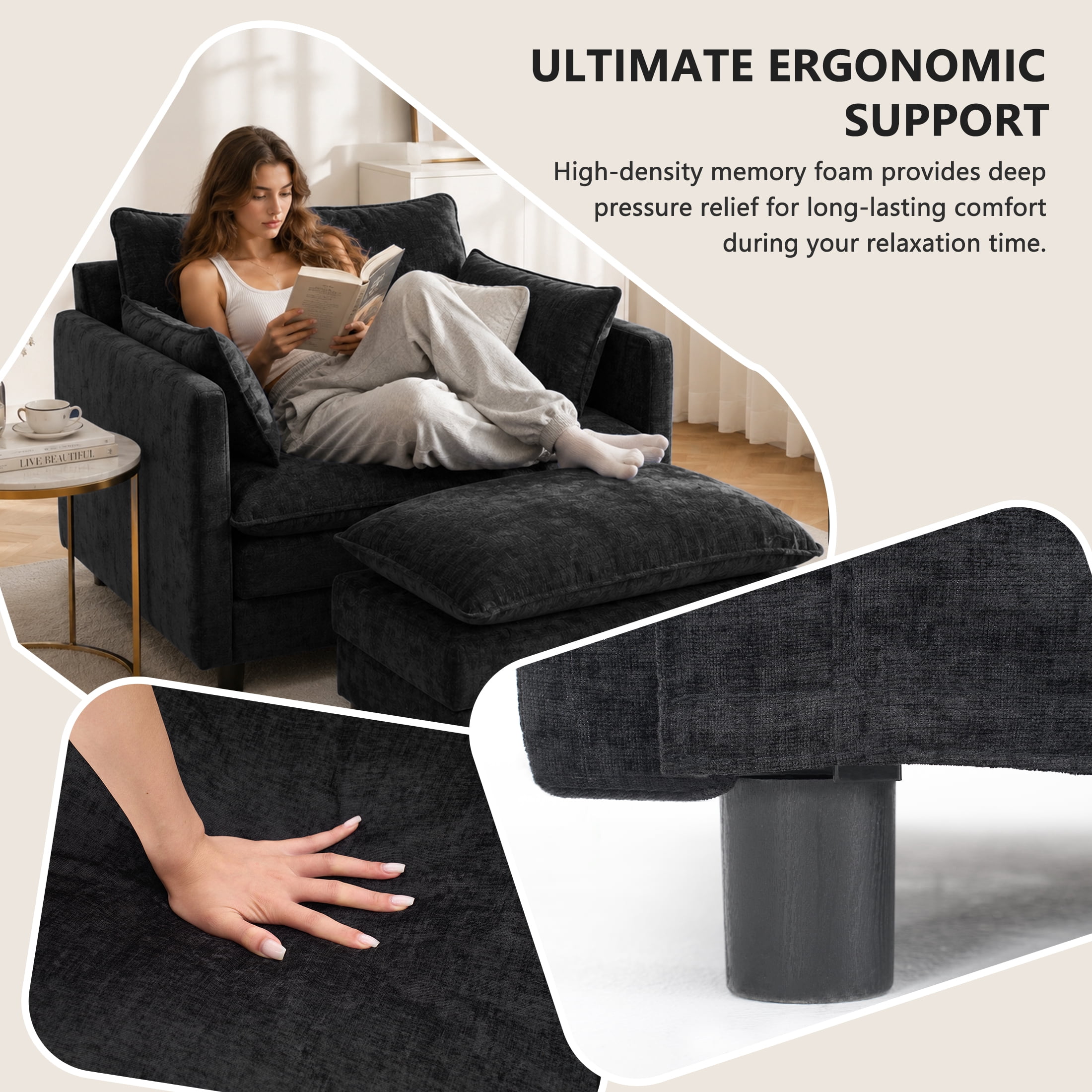 AISWORD Oversized Modular Sectional Sofa with Ottoman, Upholstered Deep Seat Chaise Lounge with Pillows for Living Room, Black