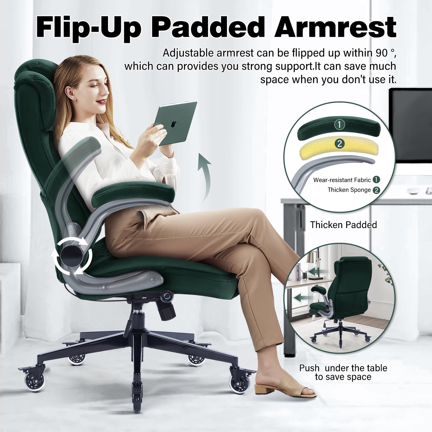 High Back Office Chair with Lockable Wheels, 400lbs Large Fabric Executive Desk Chair, Adjustable Lumbar Support Flip up Arms, Ergonomic Home Office Computer Chair with Storage Pocket, Green