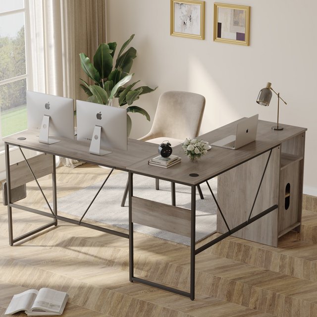 Bestier Bureau d'Ordinateur Réversible 60 Pouces en Forme de L avec Armoire de Rangement Bureau de Bureau pour 2 Personnes