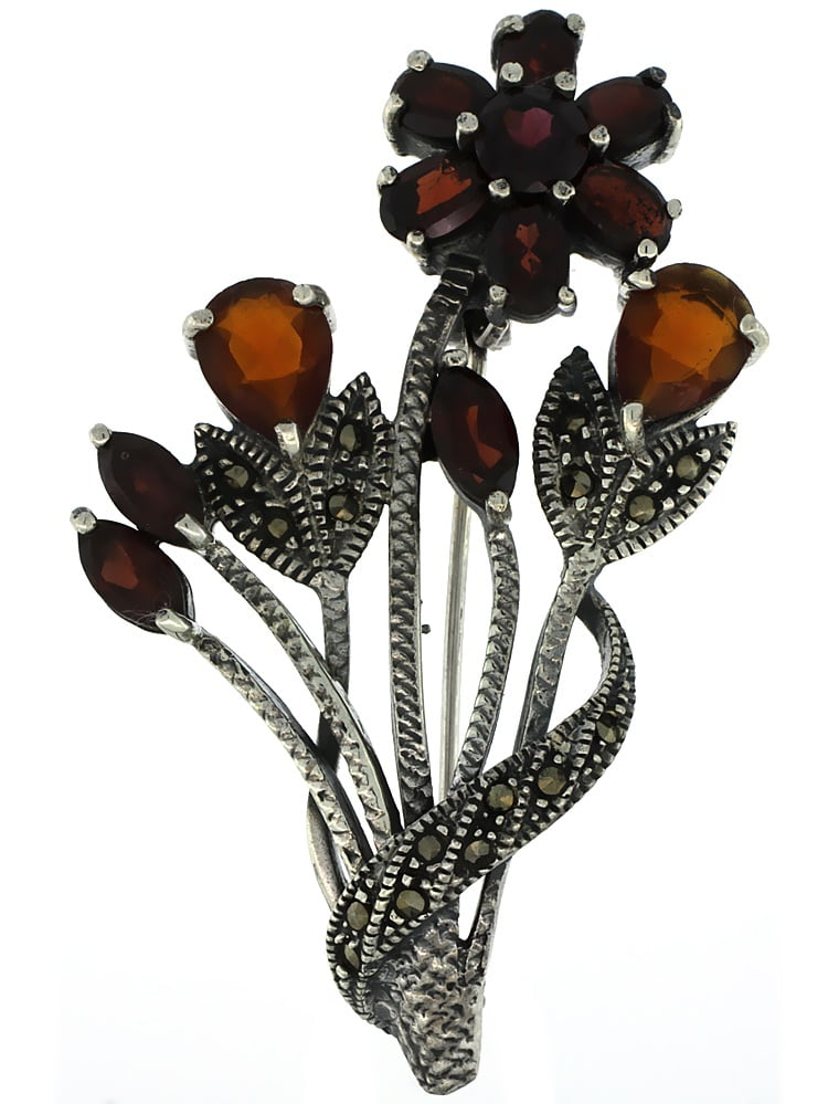 Sterling Silver Marcasite Flower Cluster Brooch Pin w Round, Pear, Oval & Marquise Cut Garnet Stones, 2 1 4 inch (57... by WorldJewels