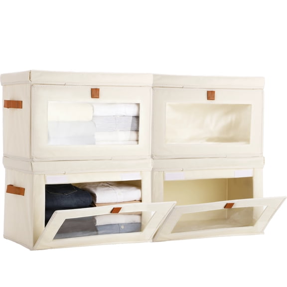 4 Pcs Collapsible Storage Bins, 16.5 x 11.8 x 11" Large Foldable Closet Organizers with Window & PU Leather Handles, Decorative Cube Fabric Bins with Lids for Bedroom