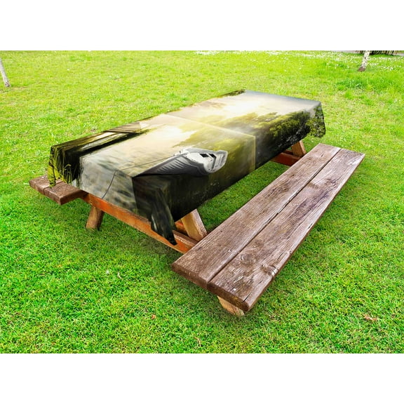 Nature Outdoor Tablecloth, Boat by the Foggy Lake Deck Dreamy Forest in the Morning Country Style Image, Decorative Washable Fabric Picnic Tablecloth, 58 X 120 Inches, Olive Green White, by Ambesonne