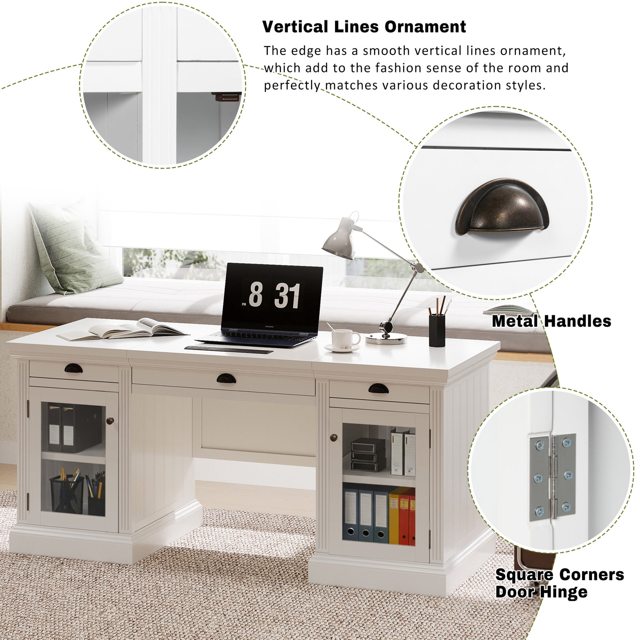 GDF Studio Morad 67" Modern Executive Desk with Glass Door Cabinets, Storage Drawers & Power Outlets, White