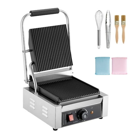 KFFKFF Commercial Panini Grill, 1800W Electric Sandwich Maker, Stainless Steel Press Grill with Handle and Temperature Control, 8.8x9 in Fully Grooved Enamel Plate for Burgers, Steaks, and Bacon