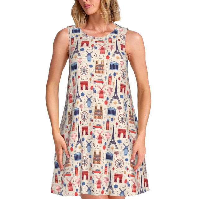 Balery Paris Vestidos de verano para mujer con estampado: vestido holgado sin mangas, vestido playero informal y cómodo para días calurosos.