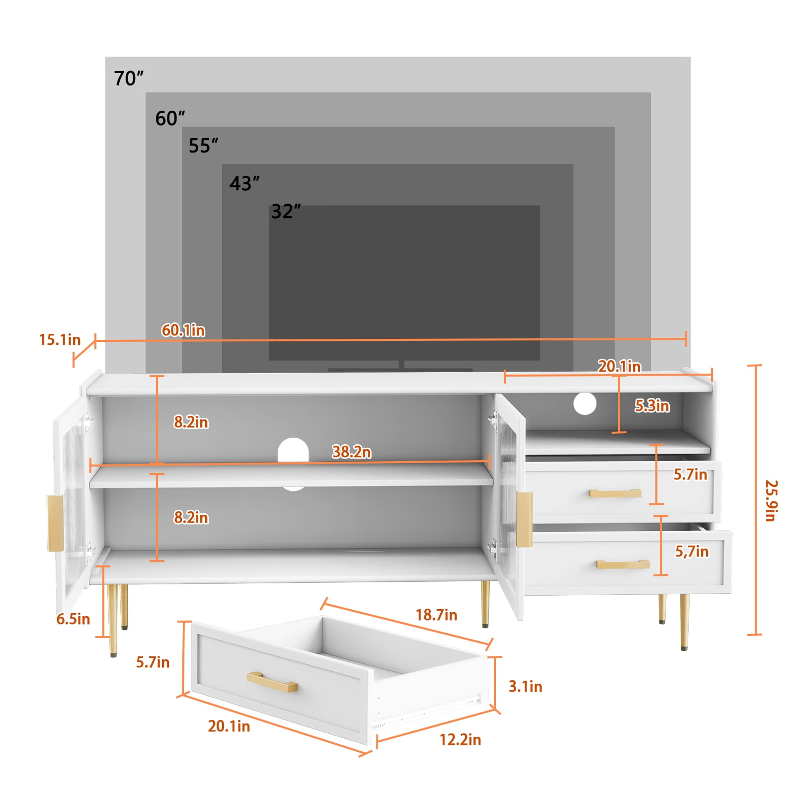 CBJCBJ 60.1" Modern Glass Door TV Cabinet with 2 Drawers and Adjustable Shelves | Entertainment Center for TVs up to 70" | 4 Compartment Media Console Storage