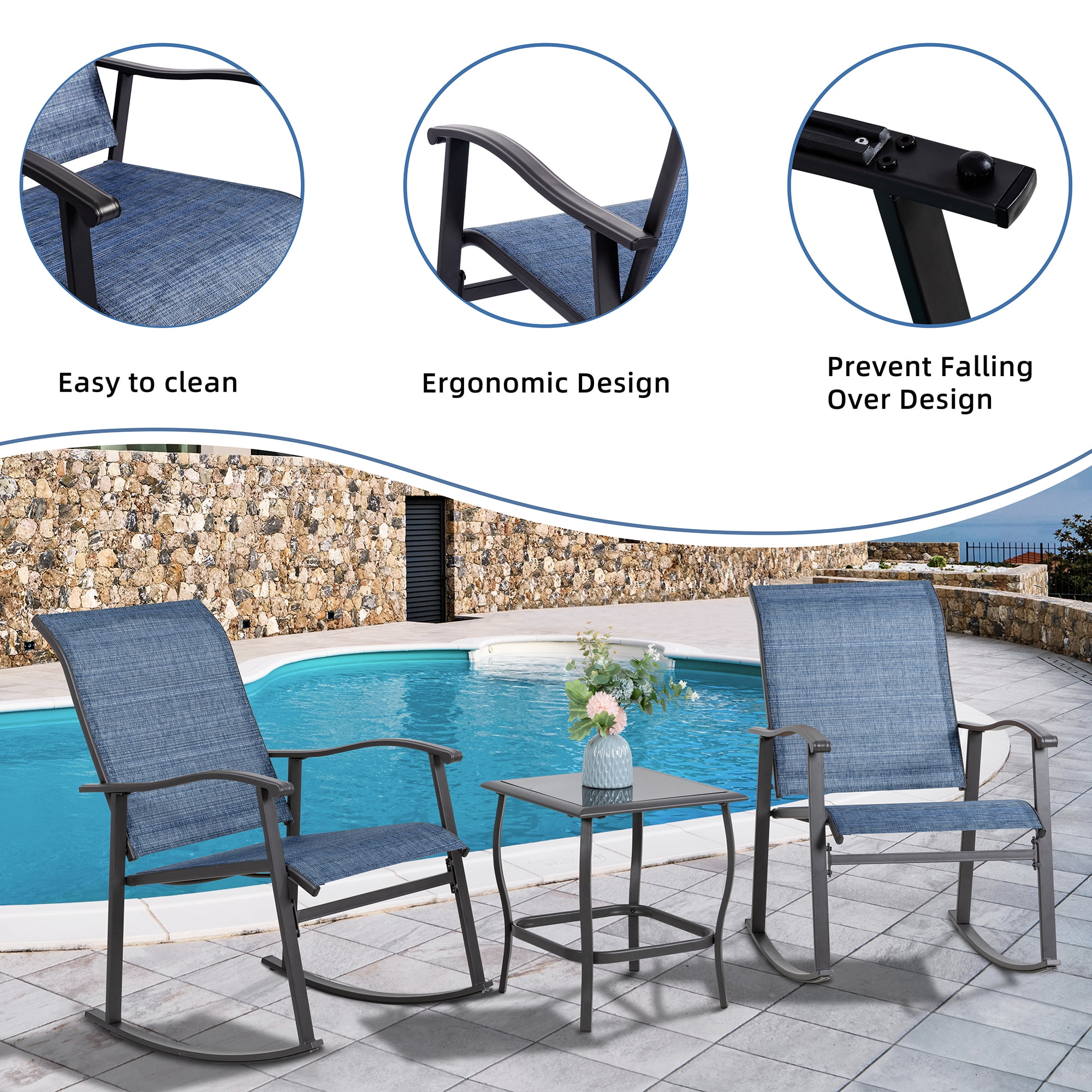 Walsunny 3 Pieces Rocking Bistro Patio Furniture Rocker Set with 2 Outdoor Rocking Chairs and 1 Glass Coffee Table for Porch Deck Lawn,Deep Blue