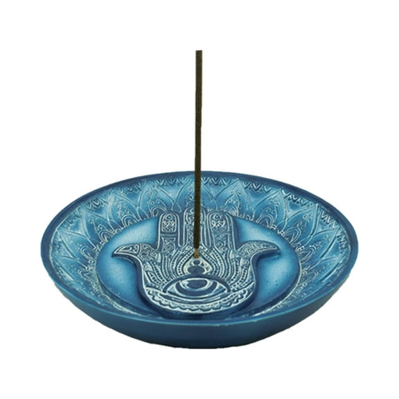 Ancient Veda Resin Blue Hamsa 5" Round Incense Stick and Cone Burner Ash Catcher Dish Tray