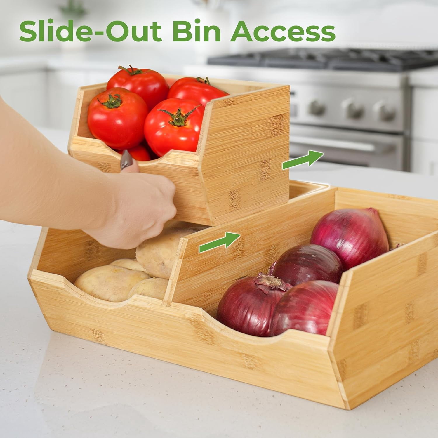 Homestead Bamboo Pantry Storage Bins, Set of 3 – Stackable Open Front Potato and Onion Storage Bins, Wooden Pantry Organizer Baskets for Kitchen, Fruit Vegetable Bin