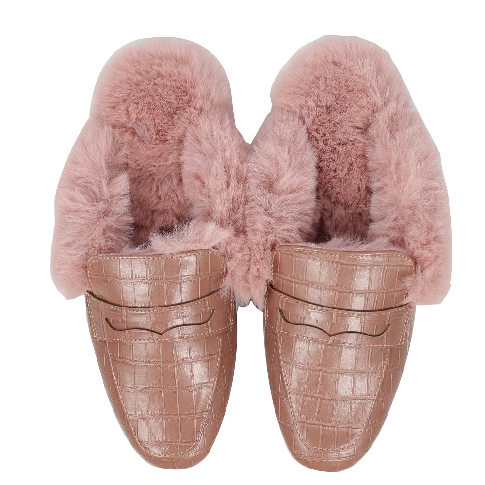 black fur lined mules