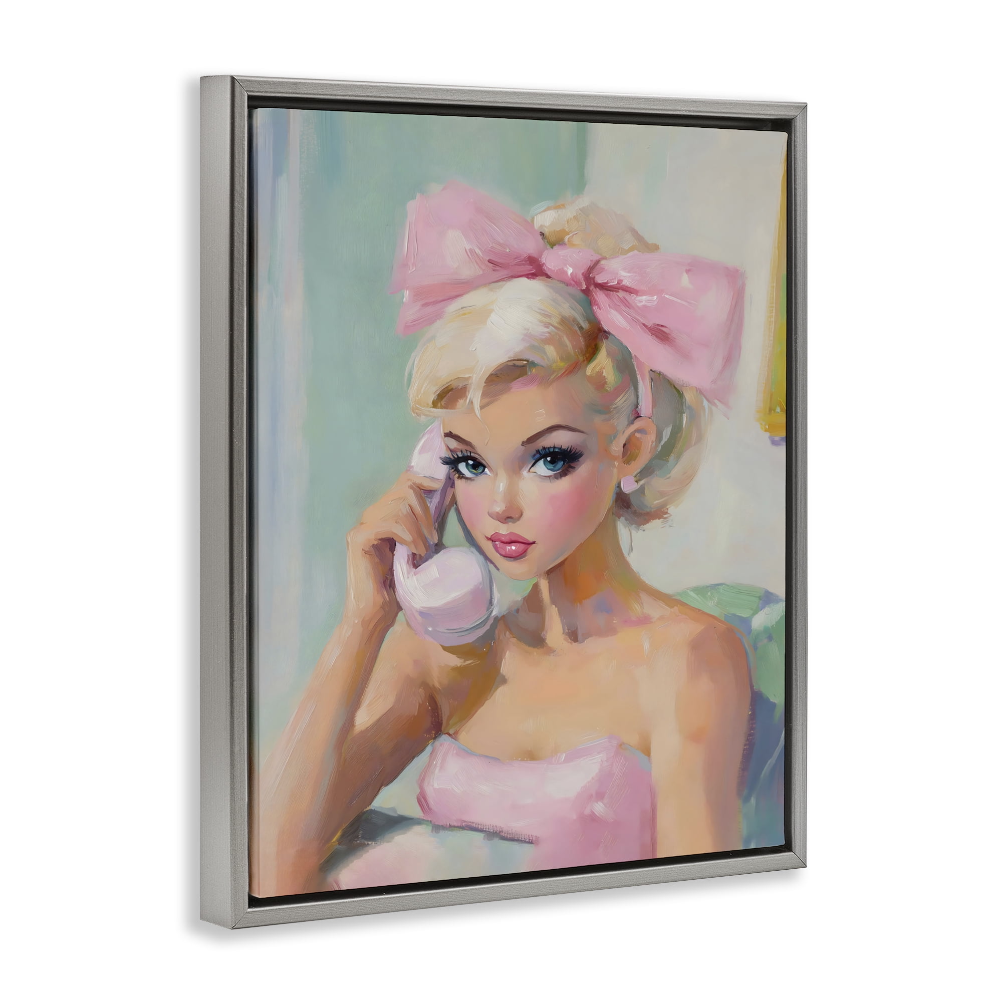 Stupell Industries Blonde Girl with Pink Bow Gray Framed Floater Canvas Wall Art, design by The Prints Vibe