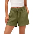 thumbnail image 3 of Women's High Waisted Linen Blend Shorts, Flowy Elastic Waist with Pockets for Tummy Control, Summer Casual Beach Lounge Wear Green L, 3 of 7