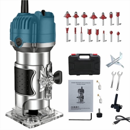 WOODUSEGY Compact Wood Router, 6 Amp 30000 RPM Palm Router Tool with 15-Piece 1/4" Router Bits Set & Accessories for Wood Trimming, DIY
