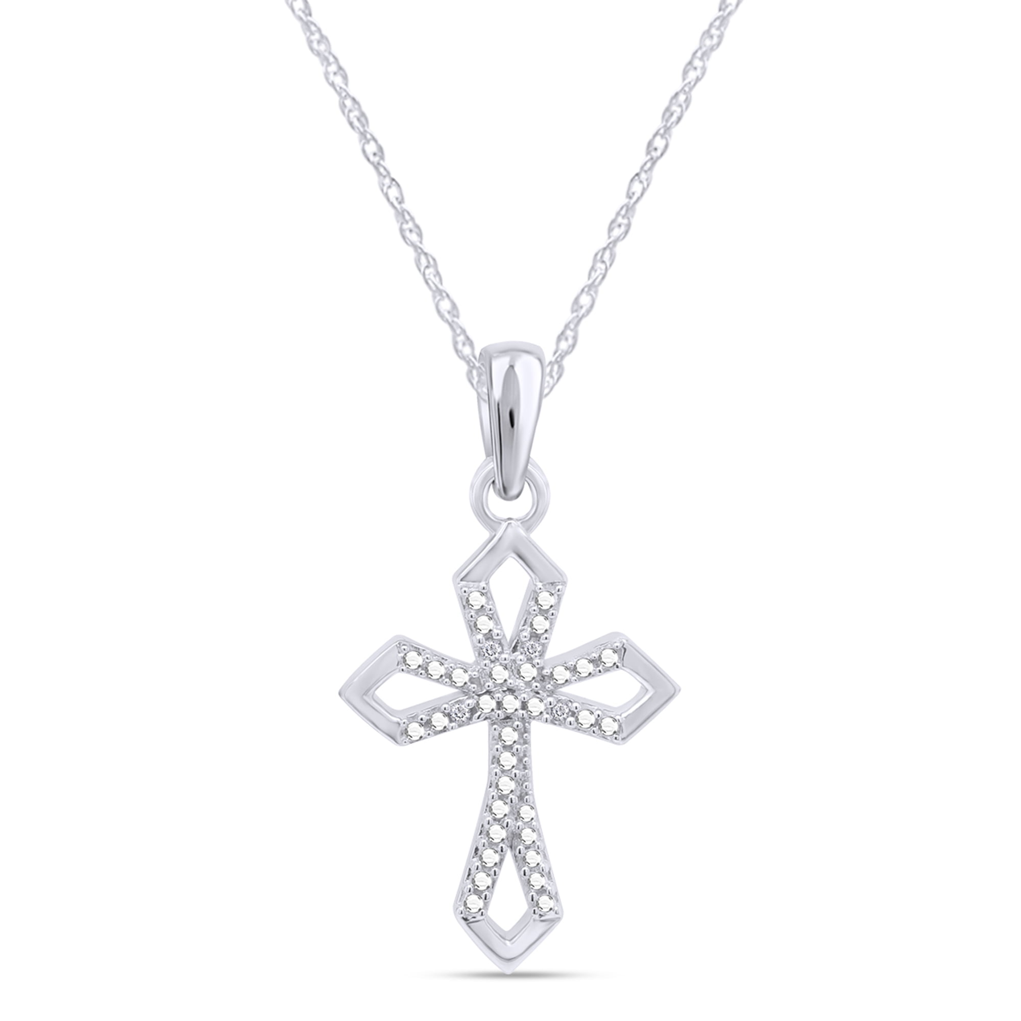 Natural Diamond Accents Halo Cross Pendant Necklace Womens 14k White